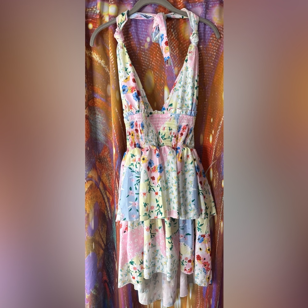 Pastel Patchwork Floral Halter Sundress ✨